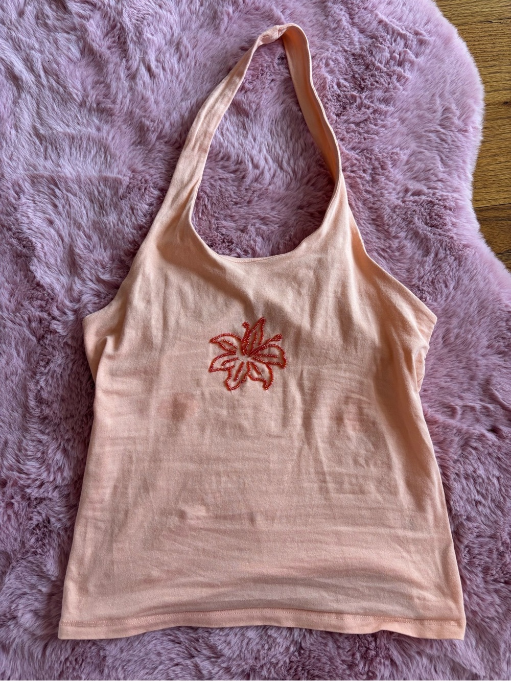 peach embroidered flower halter tank top